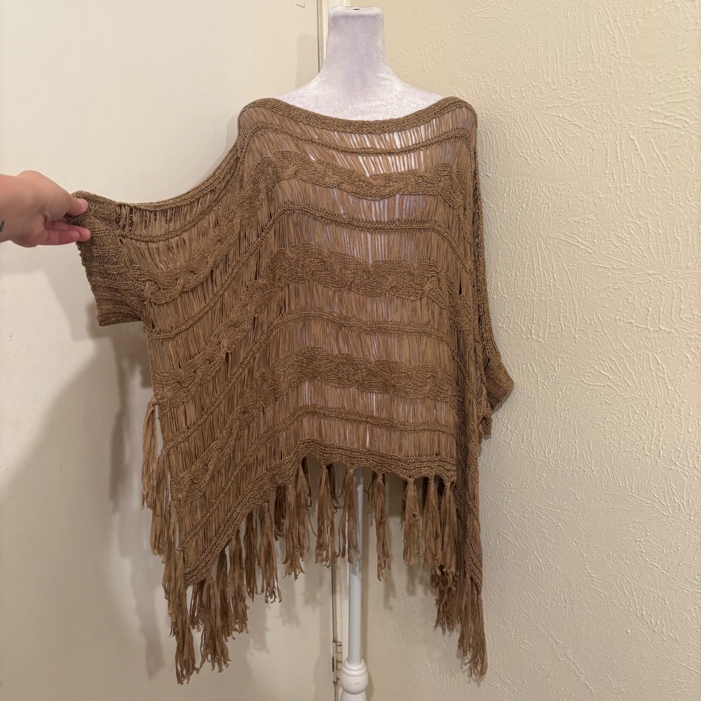 Tan Brown Open Knit Fringe Poncho Top Bohemian Boho Grunge Slouchy Coverup